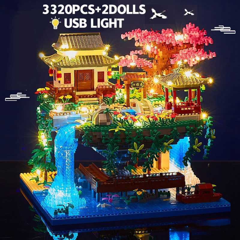 Blocks 3320PCS Blocks Tree House Diamond Building Garden Architecture Waterfall Light DIY Bricks Cherry Blossom Toy For Kids Adult Gift H240104