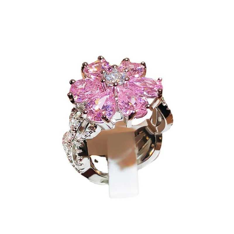 S925 Sterling Silver Selling Pink Flower She Sweet Fashion Ring Sparkling Full of Diamond Zircon Luxury Banquet Party JewelryXJ250514