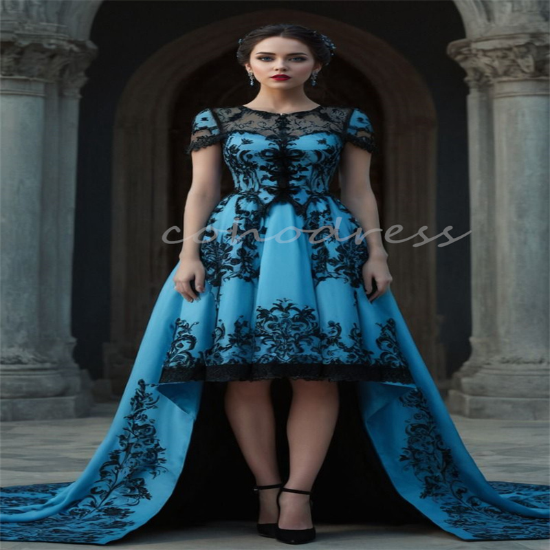 Victorian Gothic Blue Evening Dress With Intricate Black Lace Hi Low Lace Prom Dresses Costume Masquerade Halloween Cosplay Formal Occasion Cocktail P