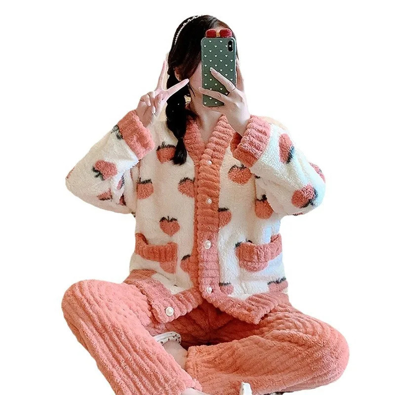 2Pcsset womens coral velvet pajamas small fragrant wind autumn and winter padded thickened warm peachcoloured student hom 250103