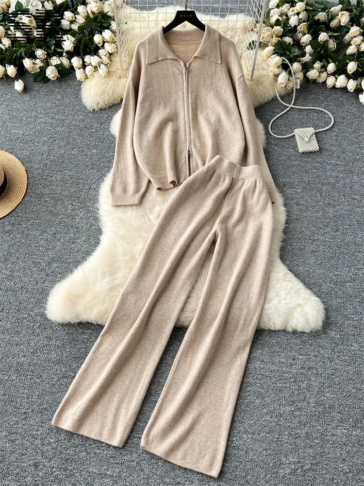 SINGREINY Knitting Two Piece Sets Women Polo Neck Zipper Cardigan SweaterLong Pants Autumn Winter Basics Casual 2pcs Suits 241230