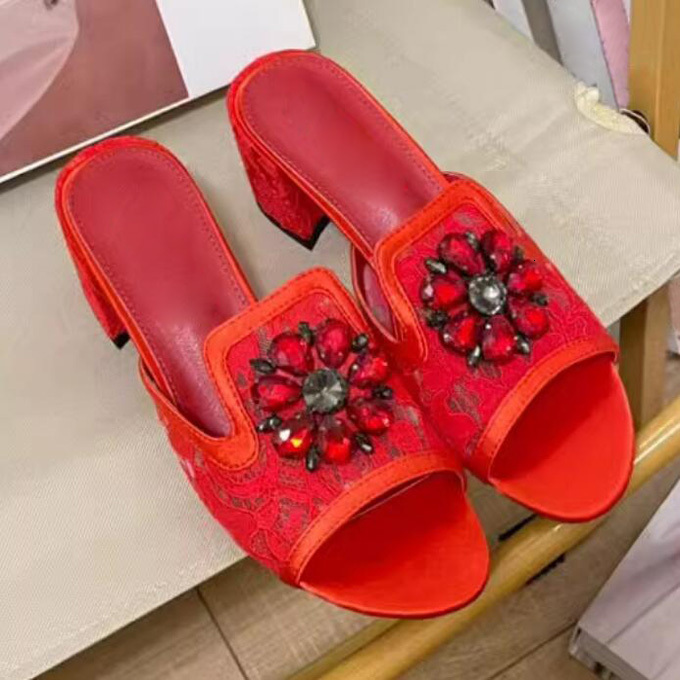 Summer Rhie Wer Chunky High Heels Slipper Ral Lace Sgbacks Sandals Peep Toe Crystal Woman Banquet Wedding Shoes