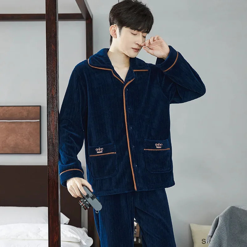 Fashion n Pajamas Set Men Autumn Winter Flannel Thermal Lapel Coral Fleece Loungewear Suit Male Comfortable Warm Homewear 250103