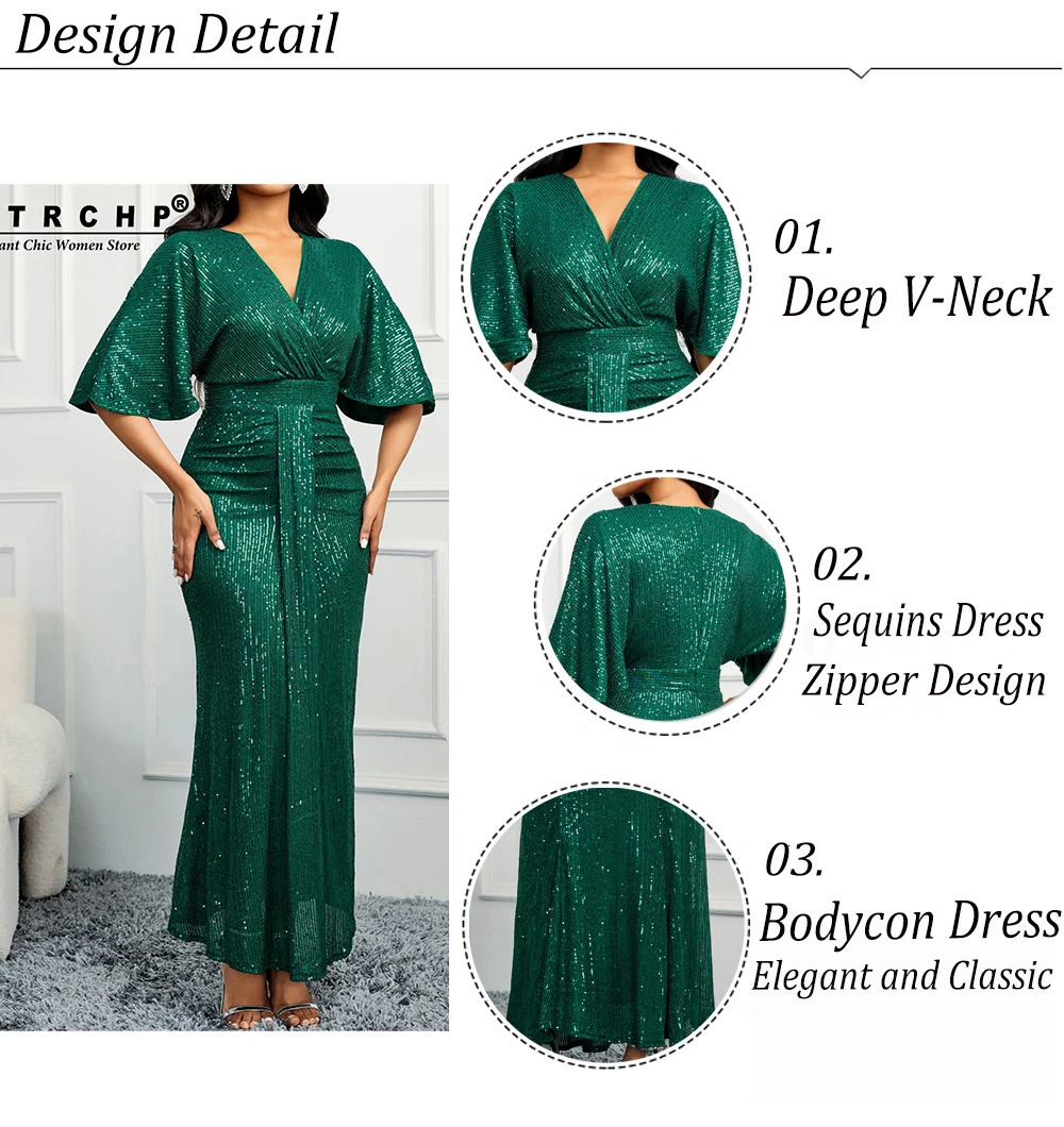 VITRCHP Batwing Sleeve Evening Dress 2025 Mermaid Sexy V-neck Dress Ball Sparkling Elegant Short Sleeve Long Sleeve Party Dress 250103