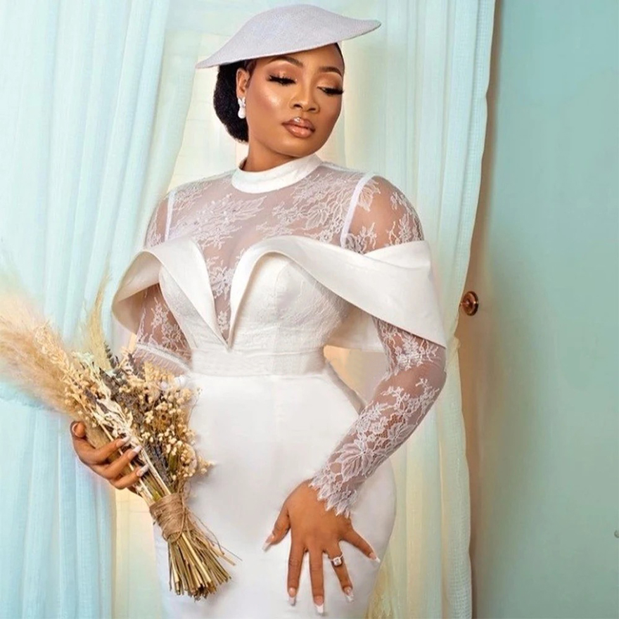 Modern Lace Wedding Dress Sheath HIgh Collar Long Sleeves Short Wedding Gown Backless Lace Up Tea Length Elegant Marriage Dress