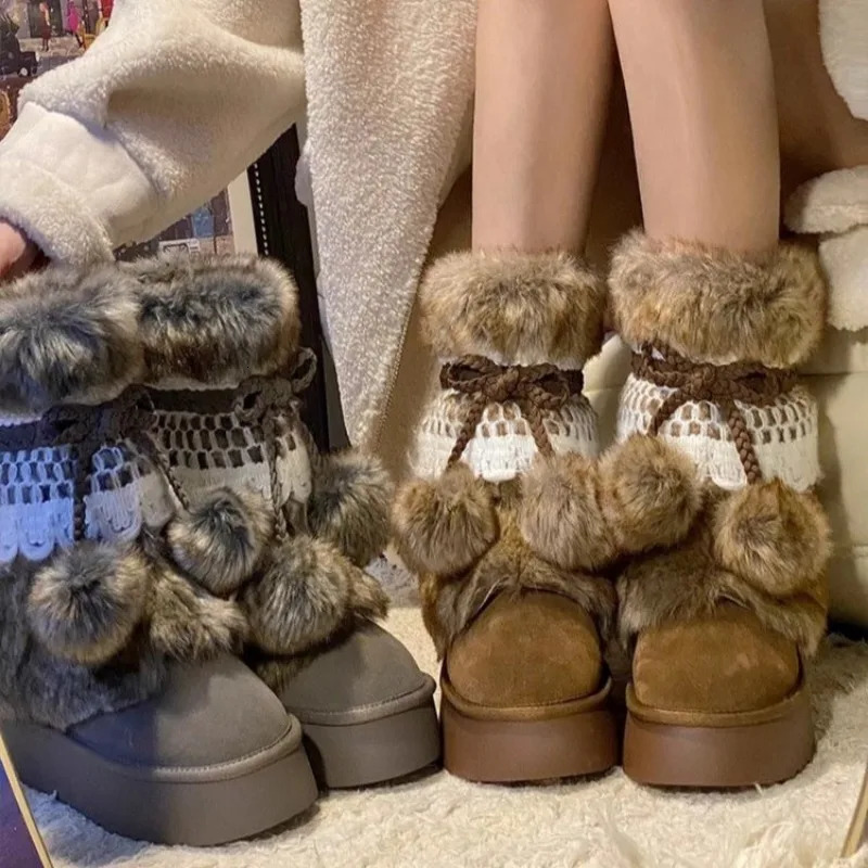 Faux Fur Women Winter Snow Fluffy Fuzzy Warm Cozy Waterproof Platform Lace-up Mid-Calf Ski Boots 2024 250103
