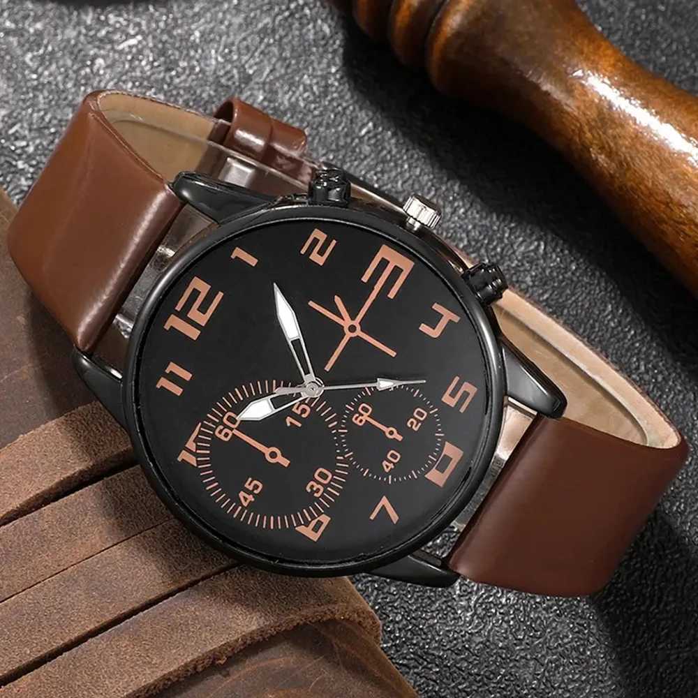5-piece set of fashionable mens sports bracelet mens retro large dial quartz wrist classic mens casual brown leather W250104