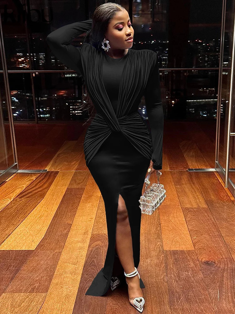 Elegant solid long skirt womens classic cross pleated long sleeved split style dress womens street party vest 241231