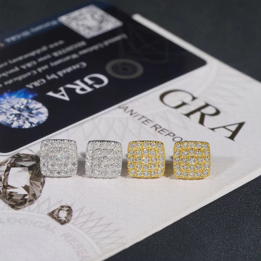 Icedminer Ear Studs For Men Hip Hop Jewelry Pass Dias Tester Moissanite s Sier Square Earrings Women