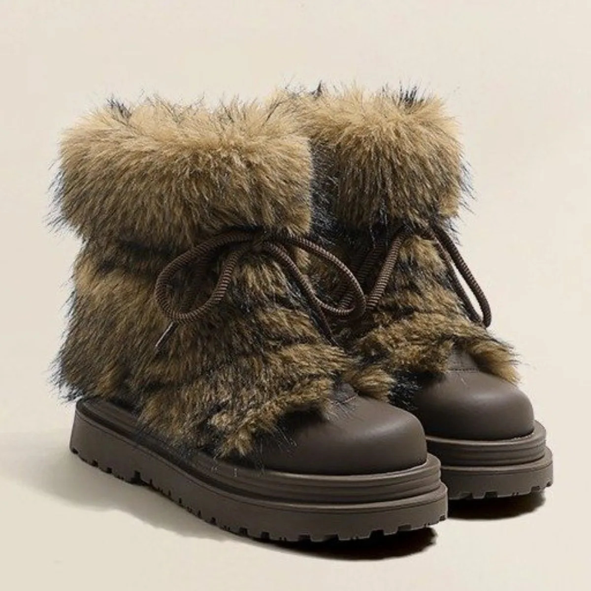 Faux Fur Boots for Women Warm Comfortable Woman Ski Boots 2024 Winter Middle Claf Lace-up Waterproof Platform Snow Boots Black 250103