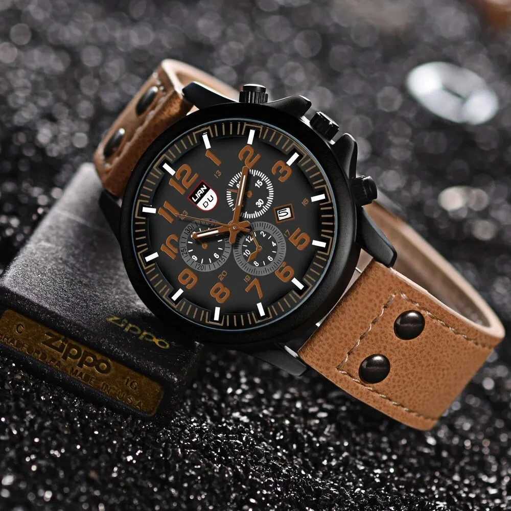 Luxury brand mens leather sports mens military quartz watch mens watch Relogio Masculino Reloj Hombre W250104