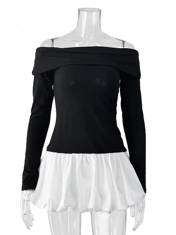 Tossy Knitwear Patchwork Slim Mini Dress Womens Off-Shoulder Long Sleeve Contrast Elegant Party Dress Female Backless Dress 250102