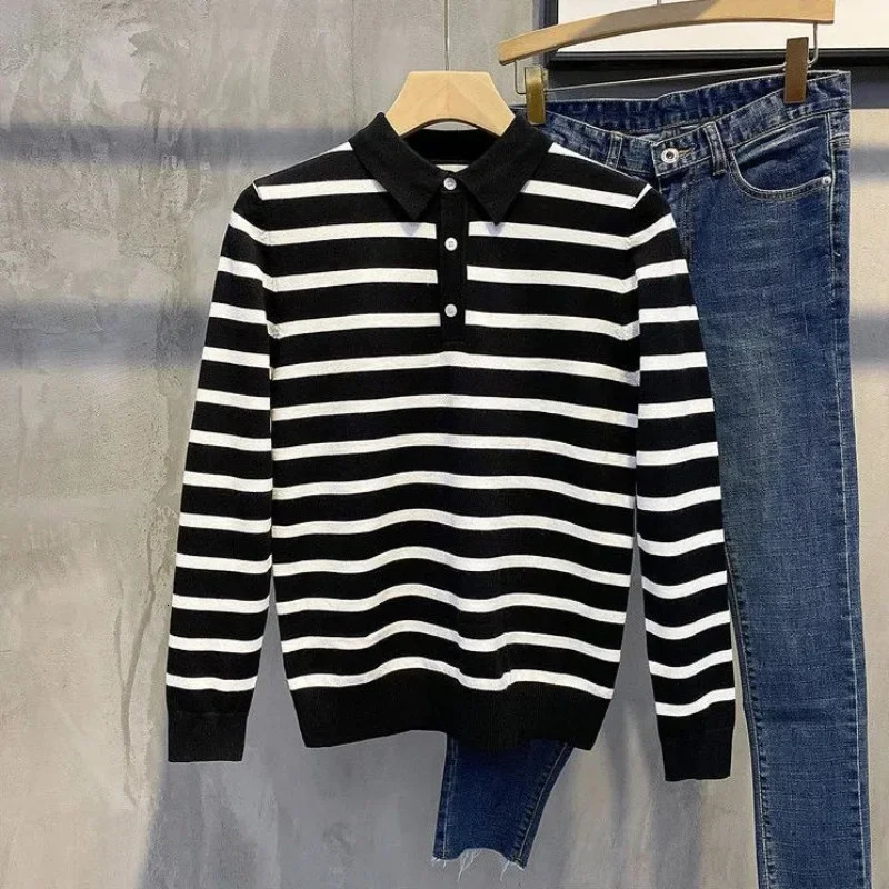 Knitted Winter Tight Mens Clothing Ultra Thin Fit Mens Polo Shirt Green Stripe High Quality Bulk Original Full Set XL 250103