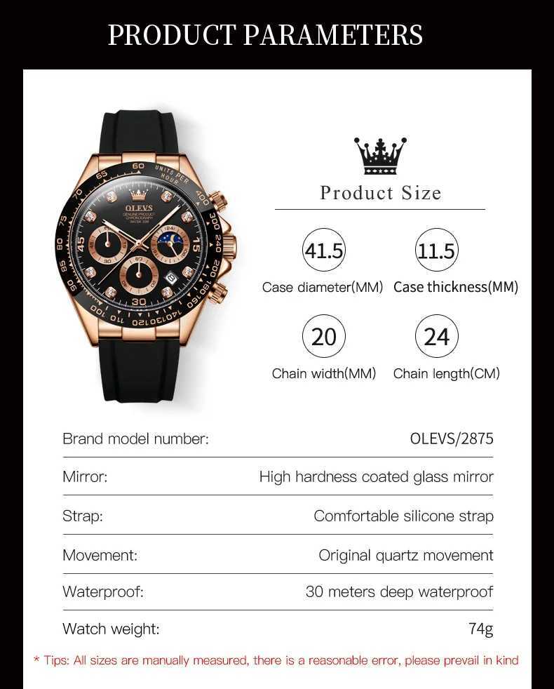 OLEVS 2875 Mens Luxury Quartz Original Sile Sports Multi functional Waterproof Luminous Date Timer W250104