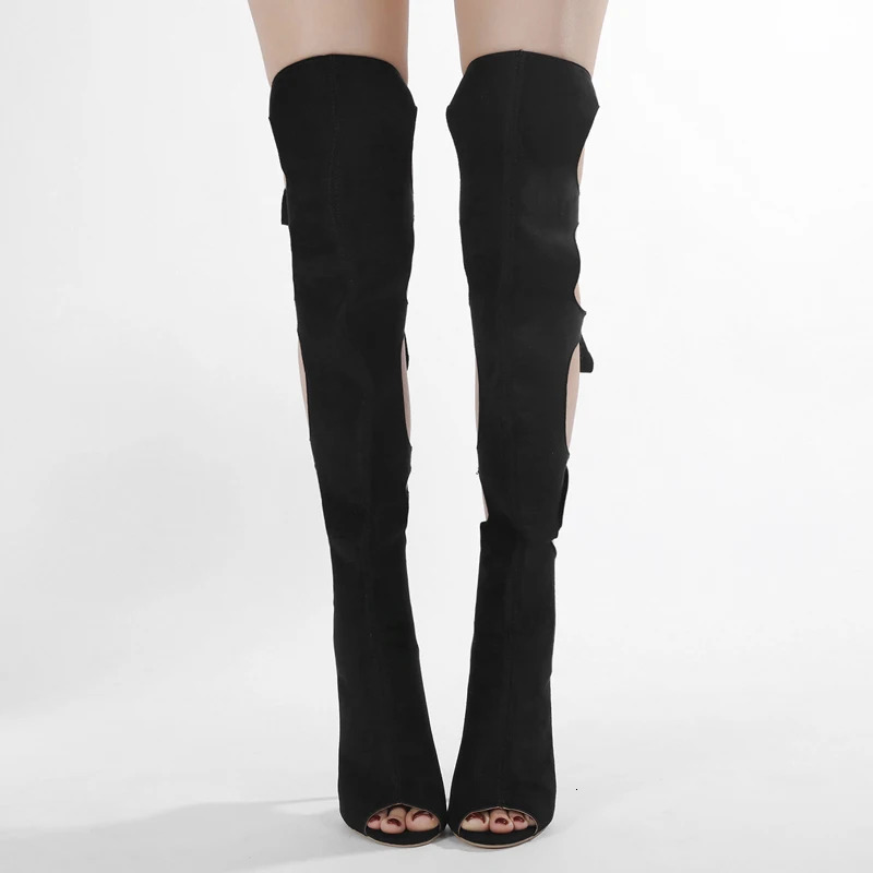 Eilyken Street Style Thin High Heels Women Knee-High Boots Designer Hollow Out Zipper Shoes Sexy Party Prom Atos De Muje