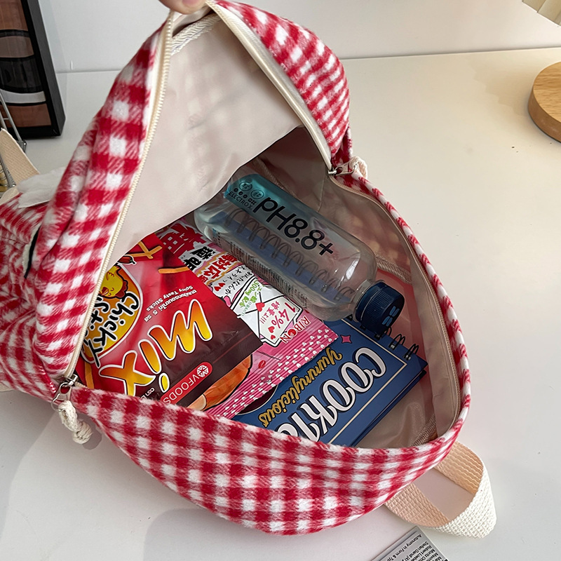 Red checkered cute student backpack, female travel, spring outing cartoon backpack
