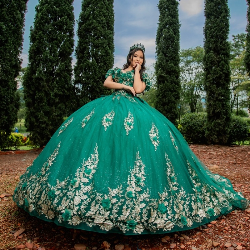 Customized Grren Shiny Quinceanera Dresses Ball Gown Off The Shoulde Applique Flower Beading Bow Tull Party Birthday Sweet 16 Dress