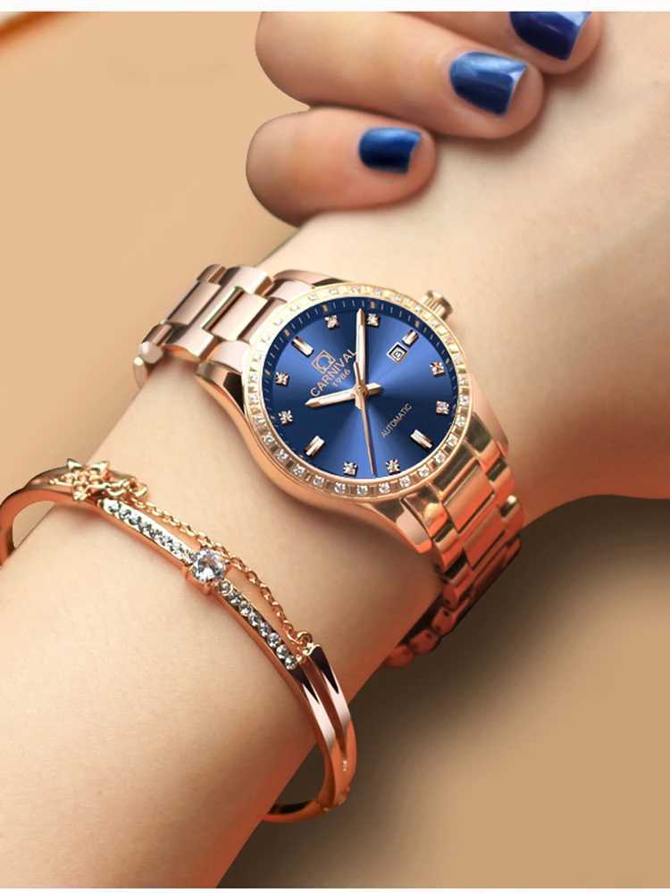 Carnival New Luxury Rose Gold Blue Dial Women Dr Automatic Mechanical es Bracelet Womens Gift Reloj Mujer W250104