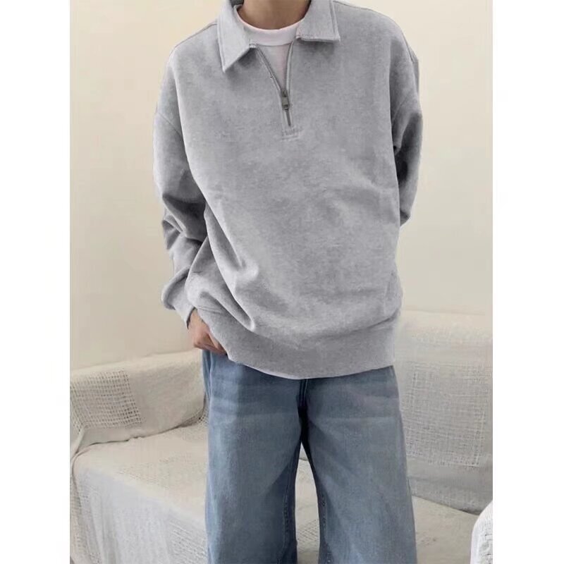 American High Street Simple Solid Color Half Zipper Hoodie for Mens Autumn Trendy Versatile Loose Casual Collar Top