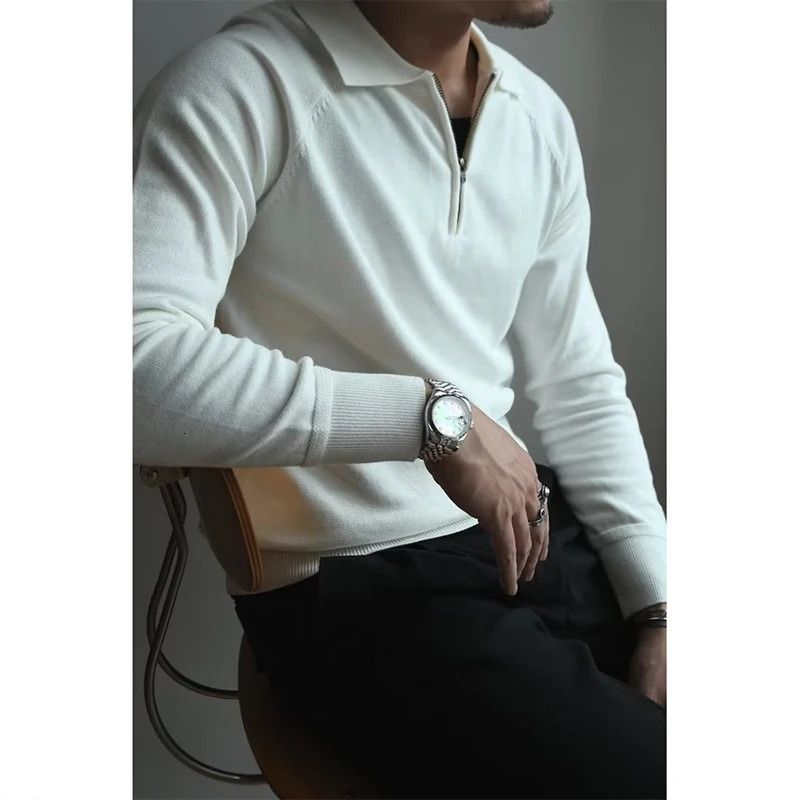 Autumn clothing mens knitted polo shirt casual fashion zipper solid color long sleeved zipper casual shirt 250103