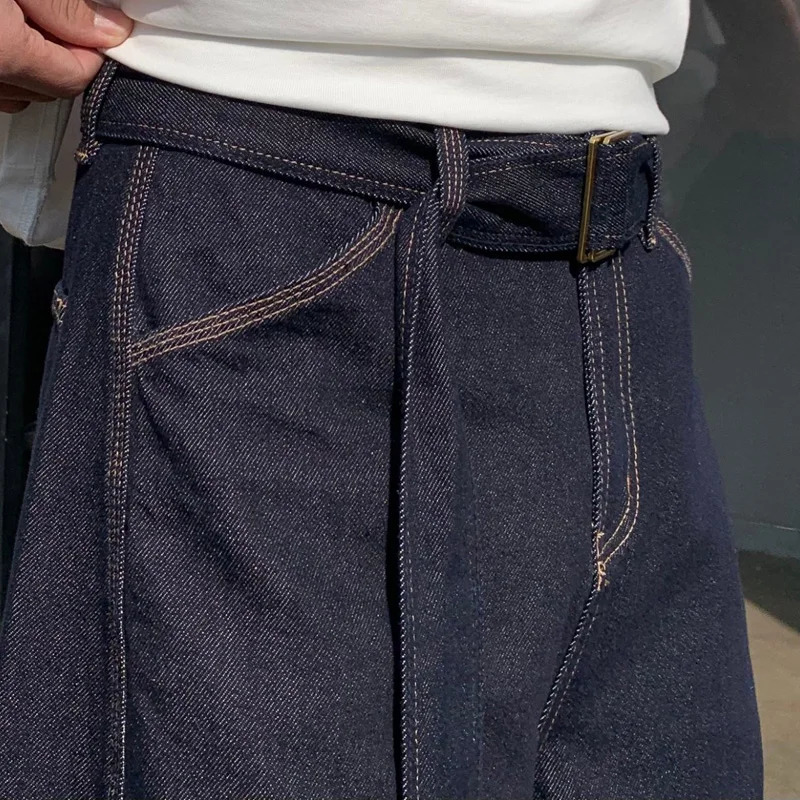 Men Belt Streetwear Fashion Loose Casual Wide Leg Cargo Denim Jeans Pant City Plus Size Baggy Jeans Trousers 241230