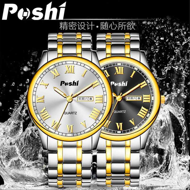 POSHI Mens Stainless Steel Top Luxury Button Hidden Buckle Waterproof Luminous Date Week Sports Watch W250104