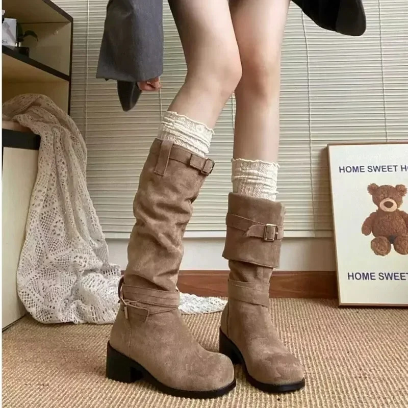 2024 Spring and Autumn High Quality Womens Shoes Fashionable Round Toe Medium Heel Solid Color Suede Sleeve Womens High Boots 250103