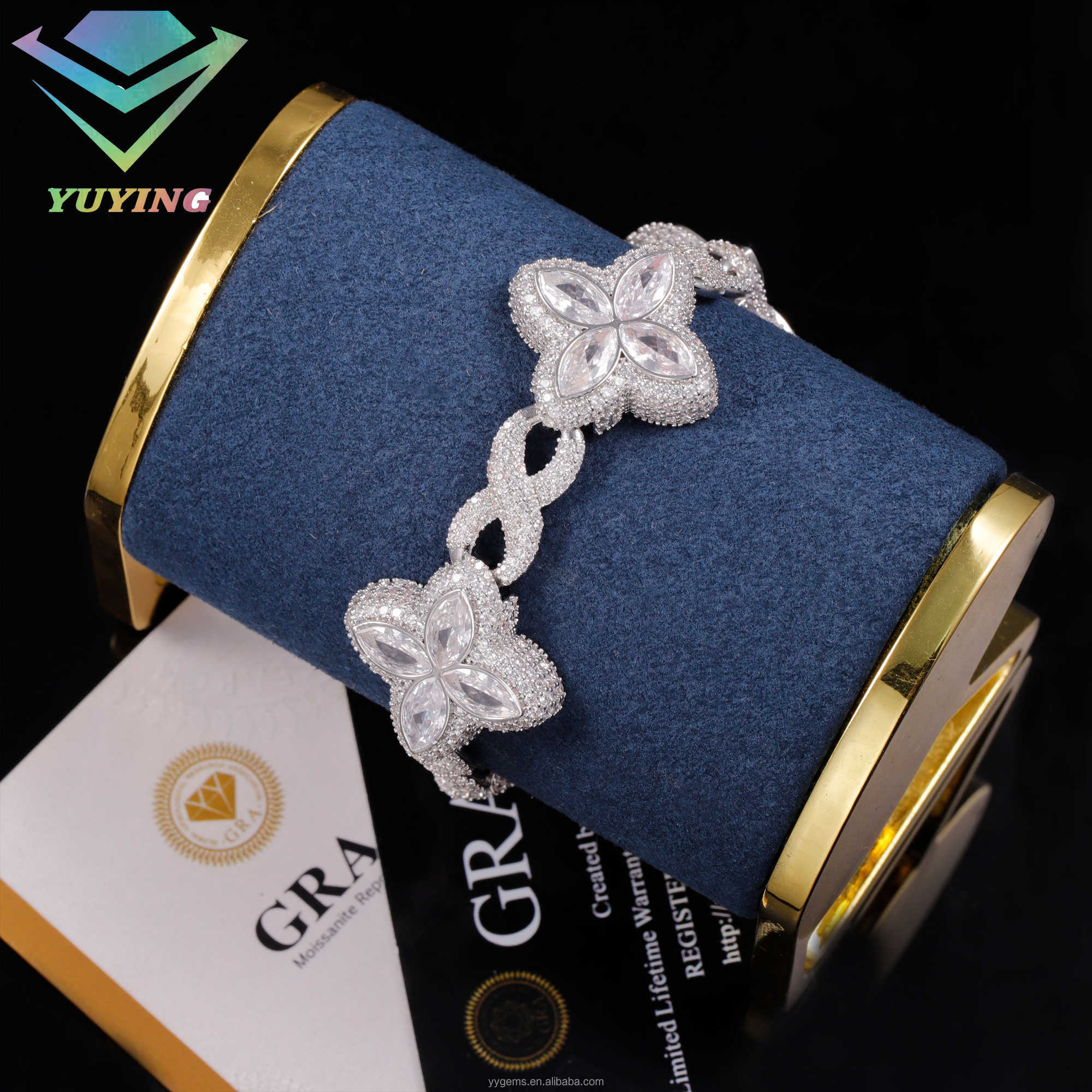 In Stock 925 Sterling Silver Gold Plated Iced Out VVS Moissanite Diamond Lucky Clover Bracelet for Hip Hop Jewelry