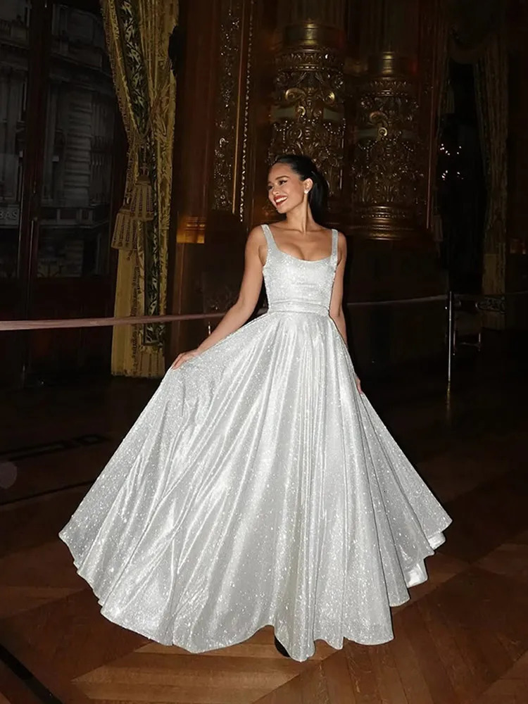 Womens Elegant Silver High Waist A-line Dress Fashionable Backless Square Neck Strap Dress 2025 Shining Party Club Womens Robe 241230