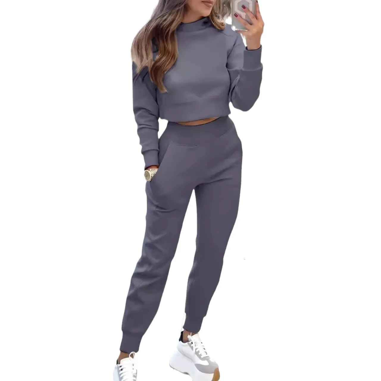 Fashion long sleeved half neck short top9-point pants 2-piece set elegant autumn solid color ultra-thin womens suit 241230