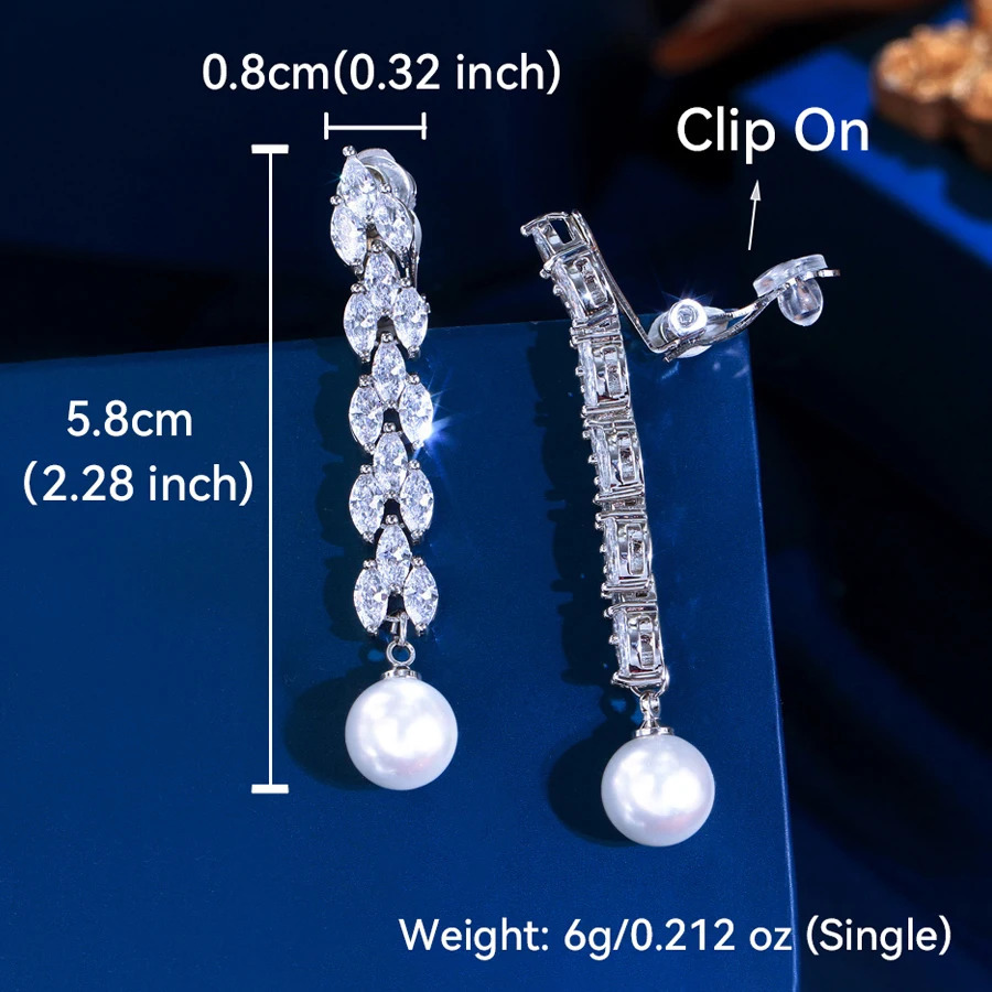 ThreeGraces Brilliant Zirconia Long Simulated Pearl Clip On Earrings for Women No Ear Hole n Bridal Party Jewelry EJ112 250103