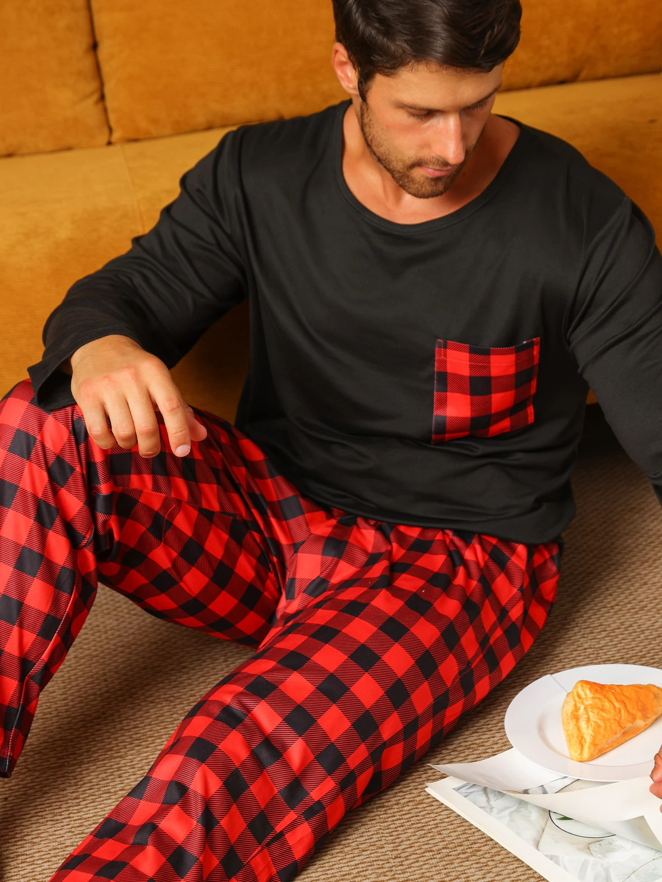 Two piece sets mens pajamas autumn and winter long sleeved pants checkered sleepwear set 250103