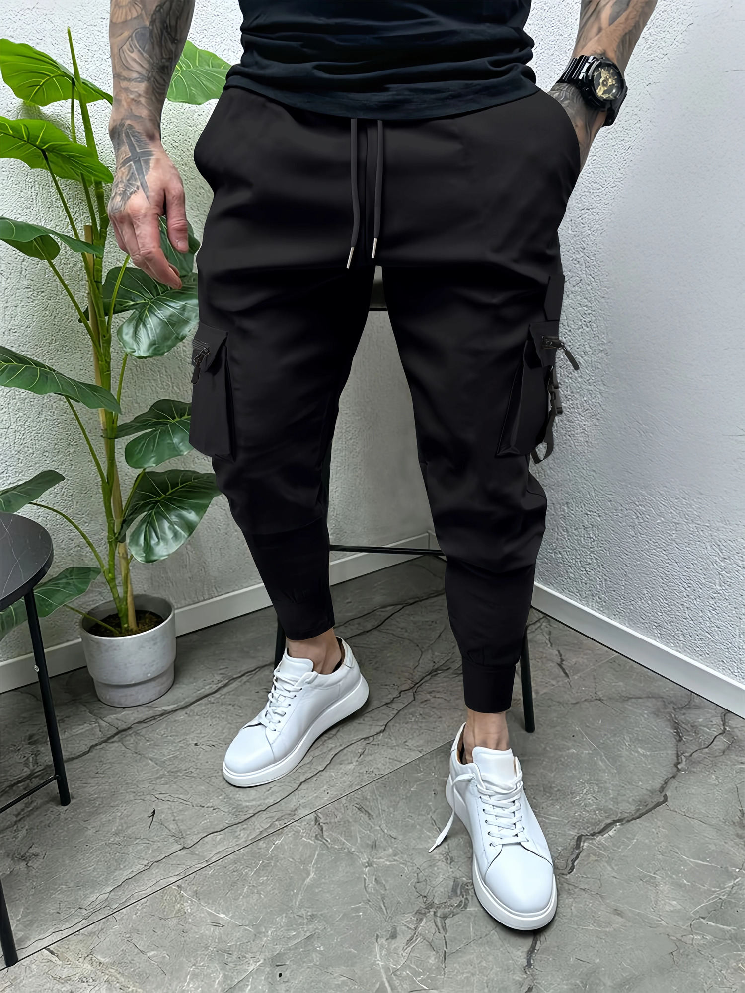 Mens zip-up buckle multi-pocket cargo pants 250102