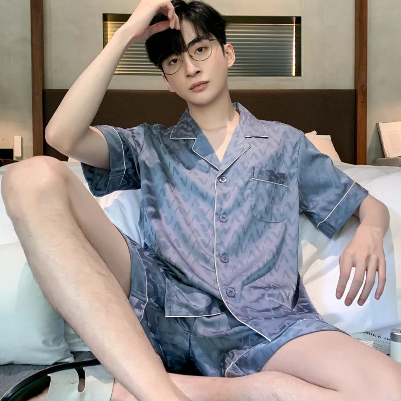 High Quality Jacquard Pajamas Suit Men Summer Ice Silk Shorts Sleepwear Set Thin Satin Largesize Loungewear Male Night Clothing 250103