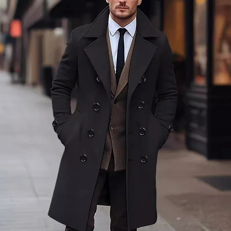 Mens Woolen Coat Double Breasted Long Mens Woolen Coat 250102