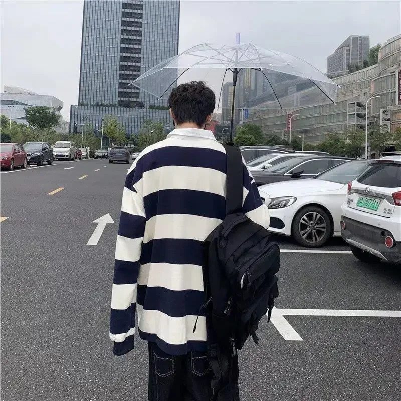 Mens polo shirt white sportswear mens clothing striped top long sleeved social F Xl fashion trend quotation complete Y2k 250103