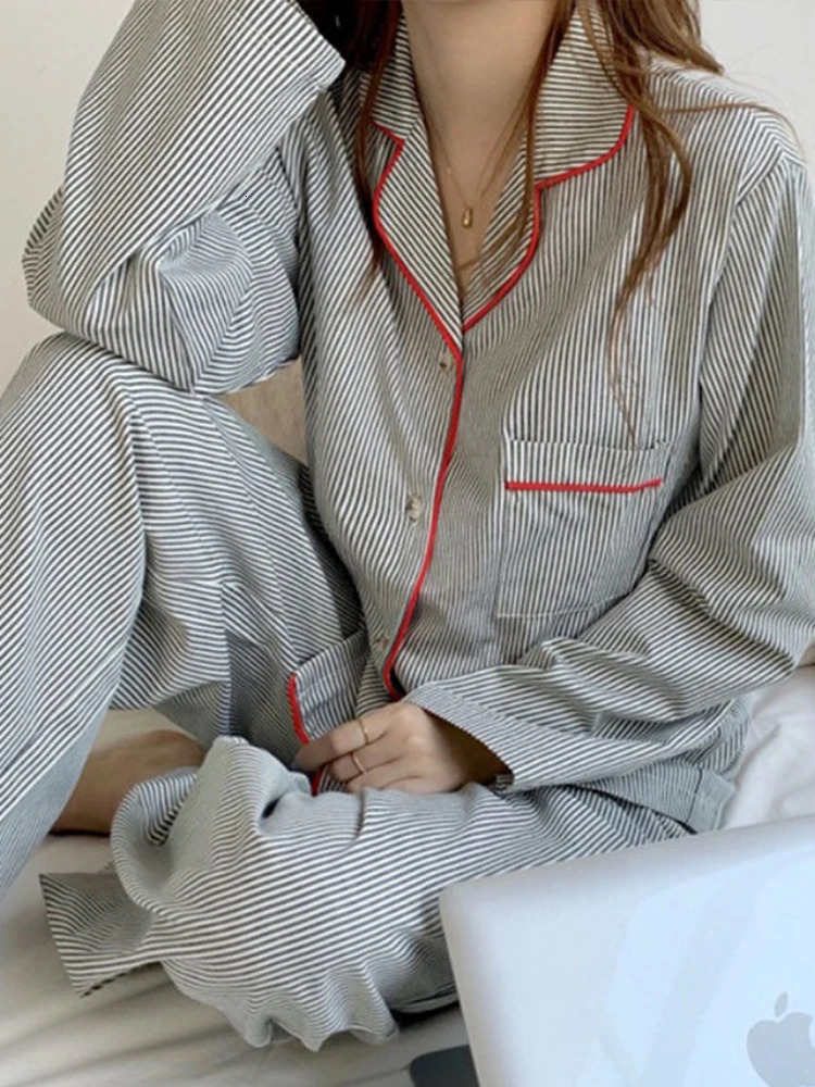 Korean Fashion Striped Leisure Wear Pajama 2 Piece Set Women Nightgown Cosplay Sexy Autumn Winter Sets 250103