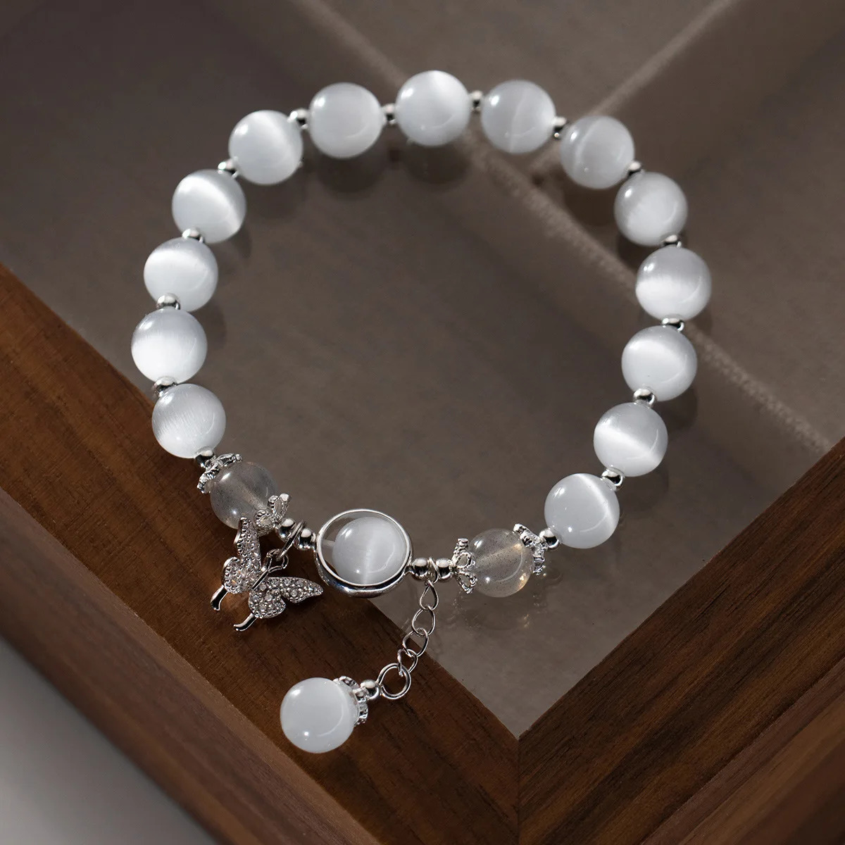 1 piece/batch S925 silver zircon butterfly with 8mm cat eye stone womens bracelet 14-23cm elastic rope beautiful opal jewelry wristband 250102
