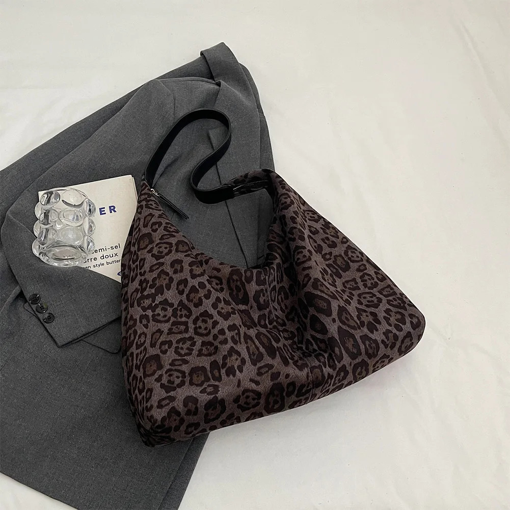 Women Leopard Shoulder Bag Large Capacity Suede Cheetah Printed Tote Handbag Vintage Shoulder Bag Female Commute Bag 250103