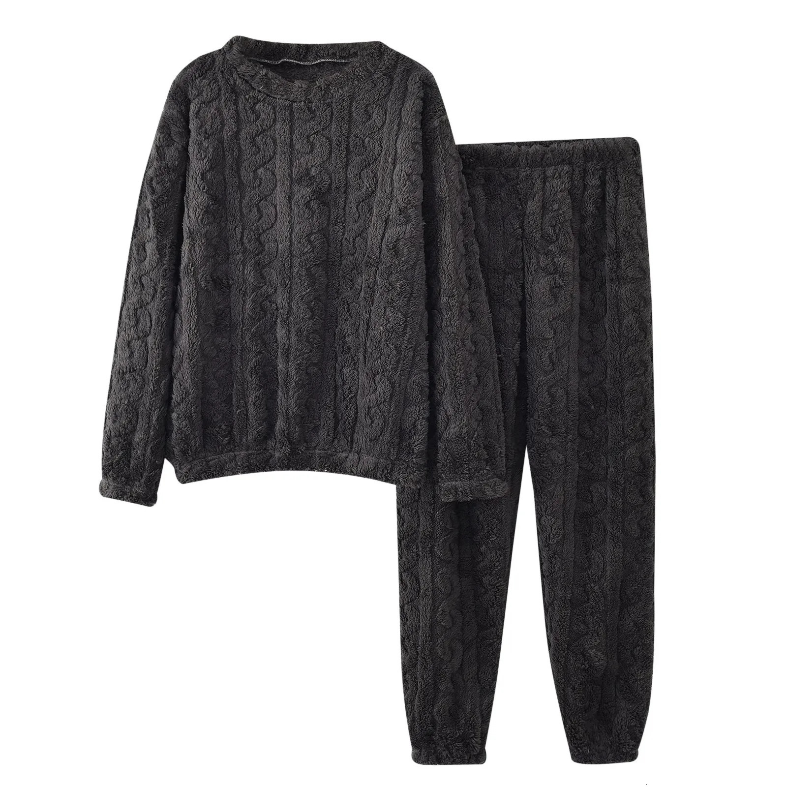 Coral Fleece Sleepwear 2 Piece Set Men Women Autumn Winter Warm Flannel Pajamas Suits Solid Color Pullovers TopsTrousers Suit 250103