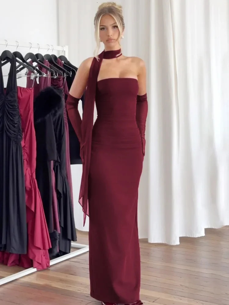 Fashion Strapless Backless With Silk Scarf Maxi Dress Women Chic Off Shoulder Bodycon Long Dresses Sexy Party Evening Robe 250103