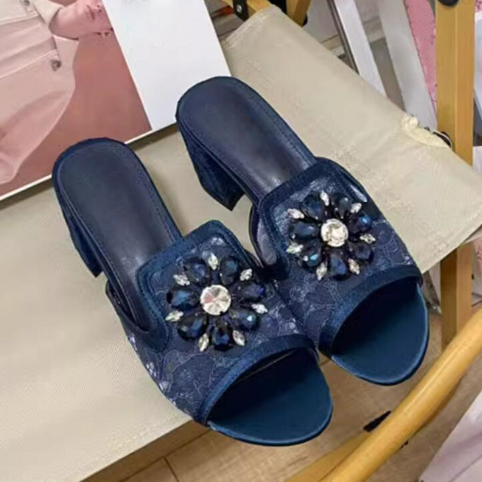 Summer Rhie Wer Chunky High Heels Slipper Ral Lace Sgbacks Sandals Peep Toe Crystal Woman Banquet Wedding Shoes