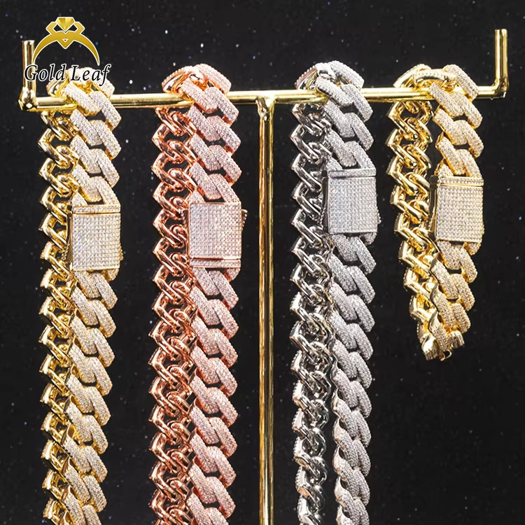 Goldleaf Jewelry Rock Sterg Sier Iced Out Bracelet Necklace Hiphop 18mm VVS Moissanite Cuban k Chain