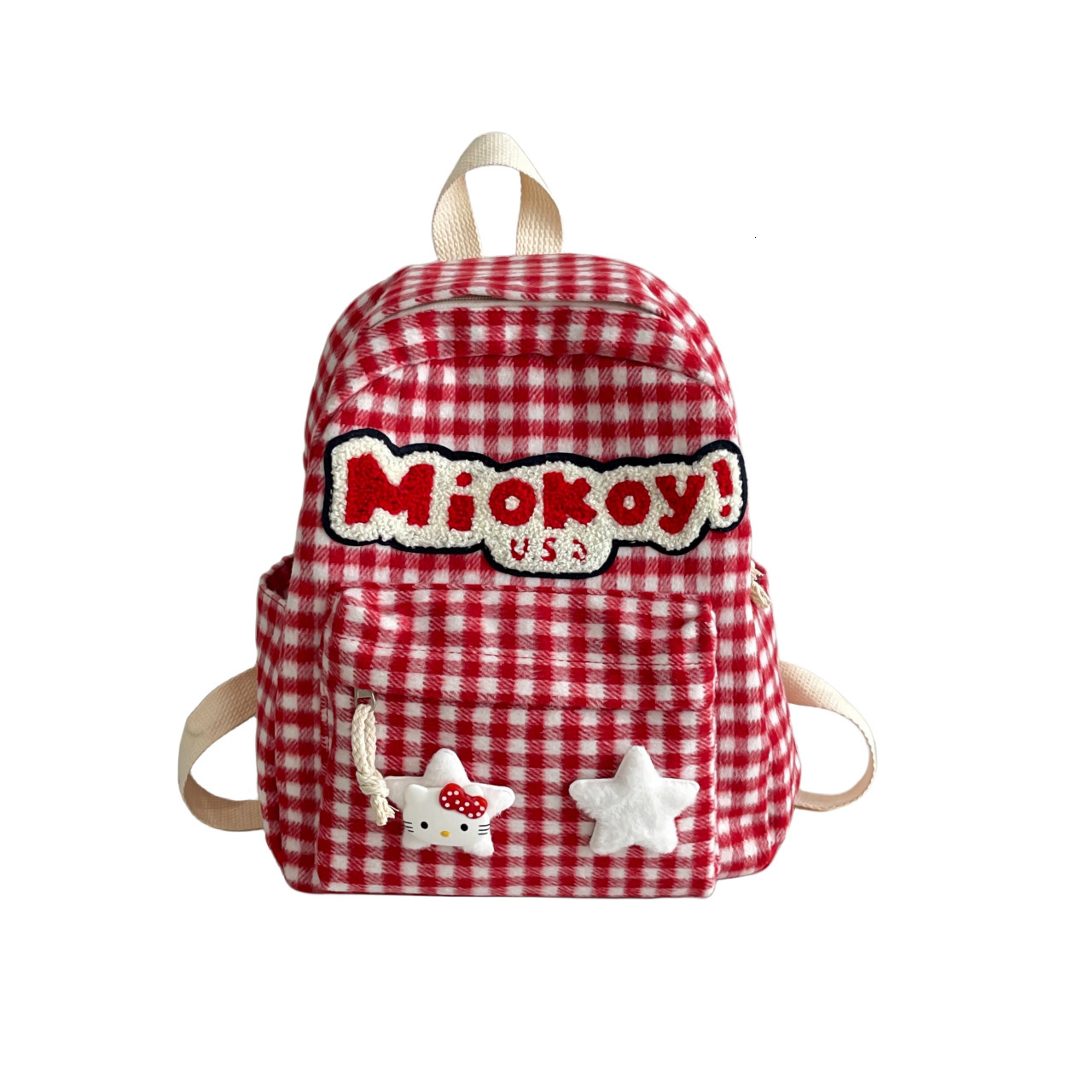 Red checkered cute student backpack, female travel, spring outing cartoon backpack