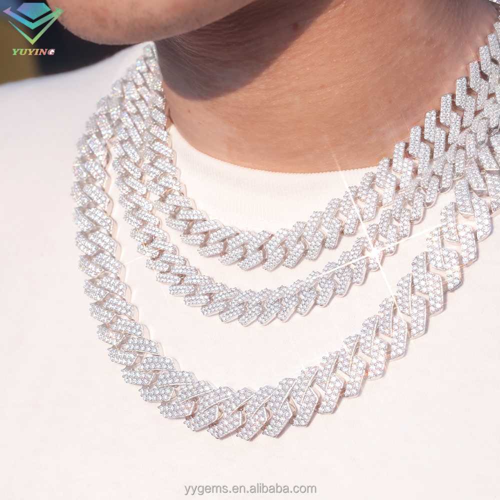Hip hop Men Jewelry 13mm 15mm wide 2 rows VVS Moissanite diamond Necklace S925 Solid Silver Cuban Link Chain