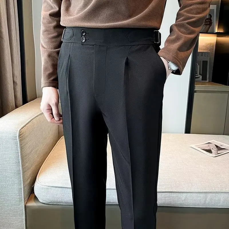 British Style Solid High Waist Draped Trousers Korea Men Formal Blazer Pants Slim Business Casual Suit Pants Hommes 250103