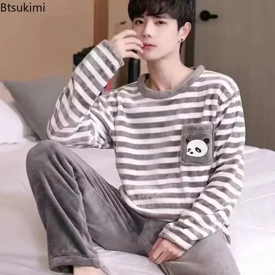 Mens Autumn Winter Warm Flannel Pajama Sets Casual Soft Sleepwear Homewear 2PCS Male Loose Coral Velvet Lounge 250103