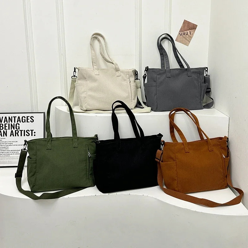 Corduroy Large Capacity Womens Tote Bag Zipper Solid Color Versatile Casual Crossbody Bag Soft Trendy Simple Handbag 250102