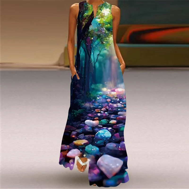 Retro printed womens summer loose sleeveless long skirt elegant womens V-neck pocket bohemian beach sun skirt Vestdos 250103