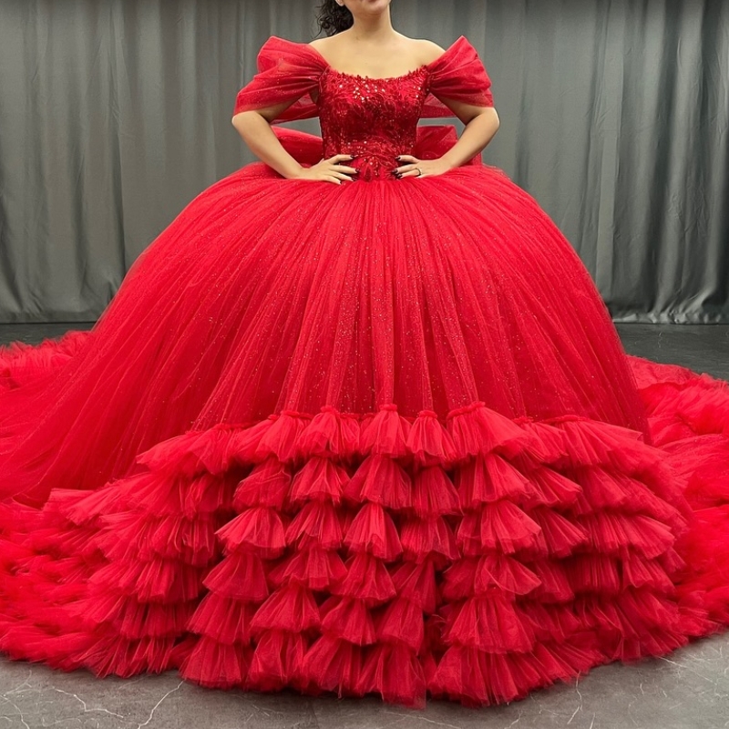 Red Quinceanera Dresses Ball Gown OffThe Shoulder Sequin Applique Lace Beading Tulle Tiered Bow Party Princess Vestidos 15 XV Anos Sweet 16 Dress
